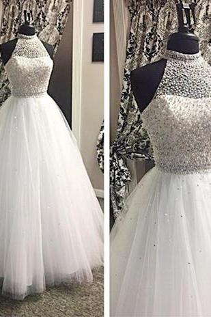 White Prom Dresses,tulle Prom Dress,modest Prom Gown,silver Beadedprom Gown,princess Evening Dress,ball Gown Evening Gowns,beaded Party