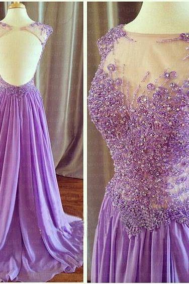 Lilac Prom Dresses,sexy Prom Gown,backless Evening Gowns,backless Party Dress,chiffon Evening Dress,2016 Prom Dress