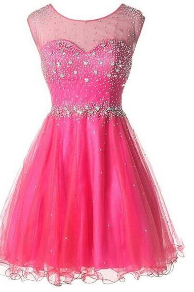 Tulle Homecoming Dress,Pink Homecoming Dress,Cute Homecoming Dress,Fashion Homecoming Dress,Short Prom Dress,Pink Homecoming Gowns,Beaded Sweet 16 Dress,Short Evening Gowns