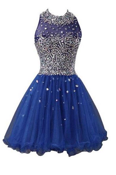 Royal Blue Homecoming Dress,Short Prom Dresses,Tulle Homecoming Gowns,Fitted Party Dress,Beading Prom Dresses,Sparkly Cocktail Dress,Homecoming Gown