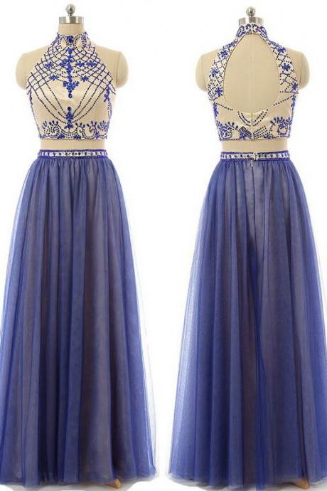 2 Piece Prom Gown,Two Piece Prom Dresses,Royal Blue Evening Gowns,2 Pieces Party Dresses,Tulle Evening Gowns,Formal Dress,Sparkly Evening Gowns For Teens