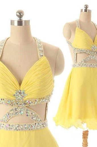 Yellow Homecoming Dress,Short Prom Gown,Tulle Homecoming Gowns,A Line Beaded Party Dress, Elegant Prom Dresses