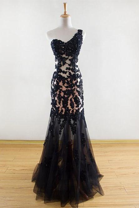 Black Prom Dresses,One Shoulder Prom Dress,Tulle Prom Dress,Long Prom Dresses With Lace Applique, Black Formal Dresses