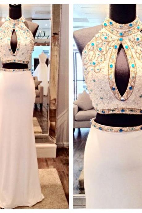 White 2 Piece Prom Gown,Two Piece Prom Dresses,Evening Gowns,2 Pieces Party Dresses,Sexy Evening Gowns,Sparkle Formal Dress For Teens