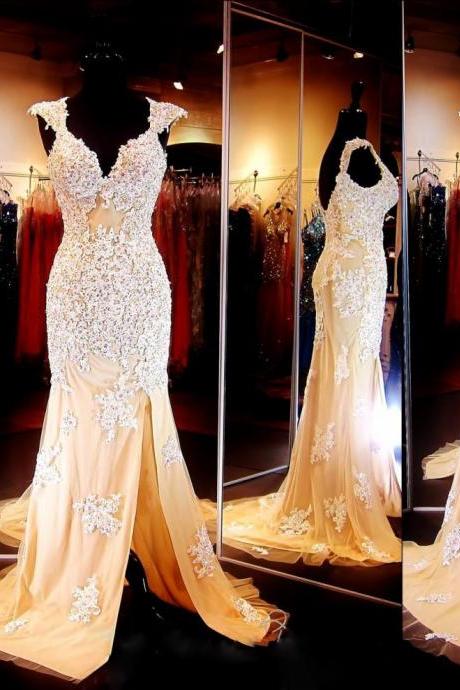 Lace Prom Dress,Sexy Prom Dress,Tulle Prom Dress,Champagne Evening Dress, Long Prom Dresses,Mermaid Prom Dress For Women