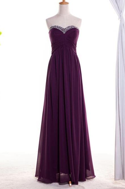 Strapless Sweetheart Ruched Beaded Chiffon A-line Floor-length Prom Dress, Evening Dress Featuring Lace-up Back