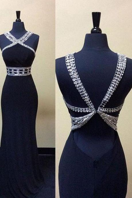 Navy Blue Prom Dresses,Elegant Evening Dresses,Long Formal Gowns,Beaded Party Dresses,Chiffon Pageant Formal Dress