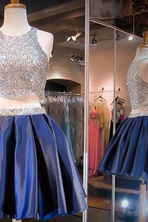 Navy Blue Homecoming Dress,2 Piece Homecoming Dresses,Beading Homecoming Gowns,Short Prom Gown,Sweet 16 Dress,Bling Homecoming Dress,2 pieces Cocktail Dress,Evening Gowns