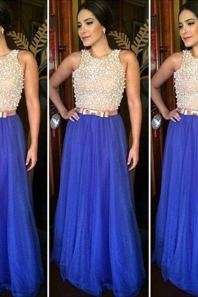 Tulle Prom Dresses,Royal Blue Prom Dress,Modest Prom Gown,Prom Gowns,Beading Evening Dress,Princess Evening Gowns,Sparkly Party Gowns