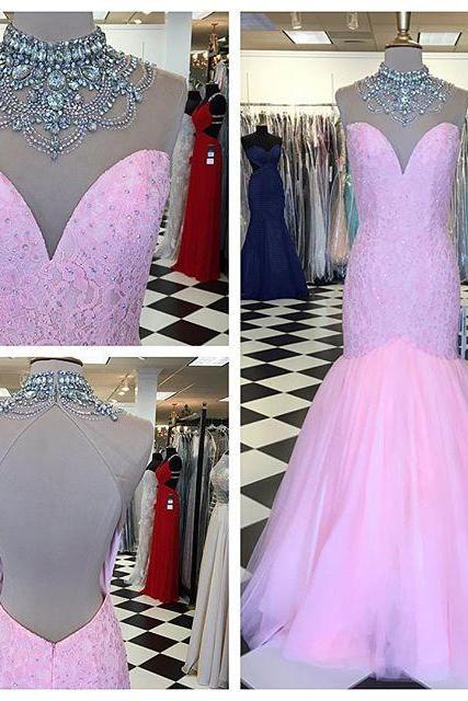 Prom Gown,Pink Prom Dresses,Sparkle Evening Gowns,Mermaid Formal Dresses,Pink Prom Dresses,Tulle Evening Gowns,Backless Prom Gown