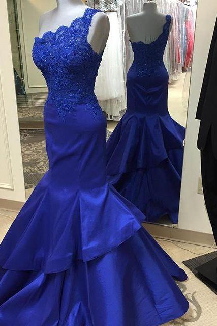 Mermaid Prom Gown,Royal Blue Prom Dresses,One Shoulder Evening Gowns,Simple Formal Dresses,One Shoulder Lace Prom Dresses