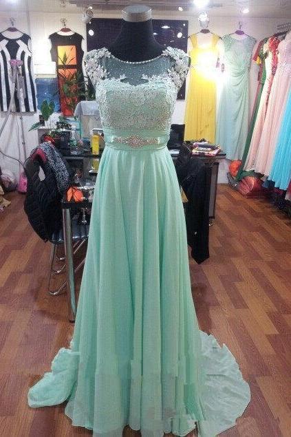 Mint Green Prom Dresses,2016 Evening Dresses, Fashion Prom Gowns,elegant Prom Dress,lace Prom Dresses,chiffon Evening Gowns,modest Formal Dress