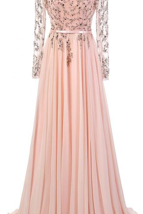 Floor Length Chiffon A-line Prom Dress Featuring Beaded Embellished Long Sleeve Sweetheart Illusion Bodice