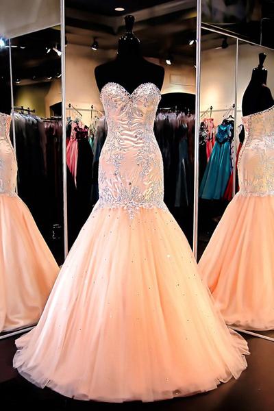 Prom Dresses,evening Dress,pretty Mermaid Sweetheart Tulle Prom Dresses ,enening Gowns With Beading