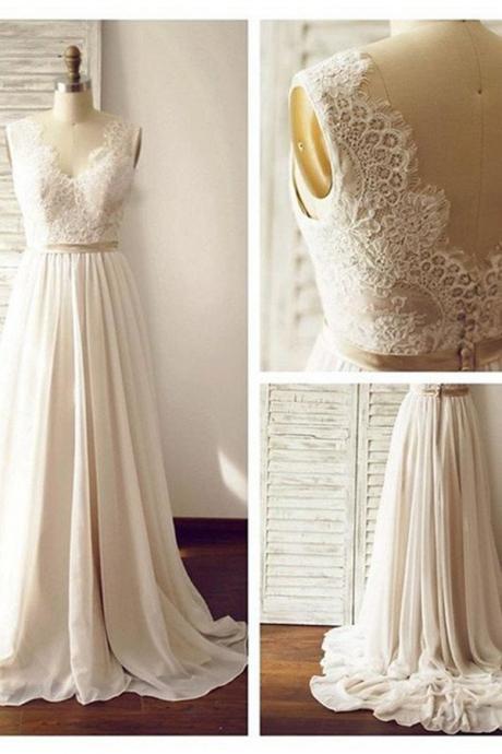 Prom Dresses,evening Dress,wedding Dresses,wedding Gown,v-neck Sleeveless Open Back Wedding Dress With Lace Sash