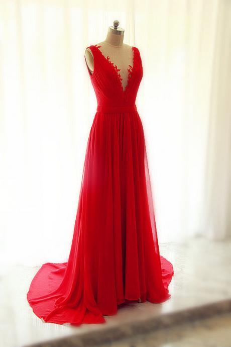 Prom Dresses,evening Dress,beautiful Red Chiffon Long V-neckline Handmade Evening Gowns With See Through Tulle, Red Party Dresses, Prom Gowns