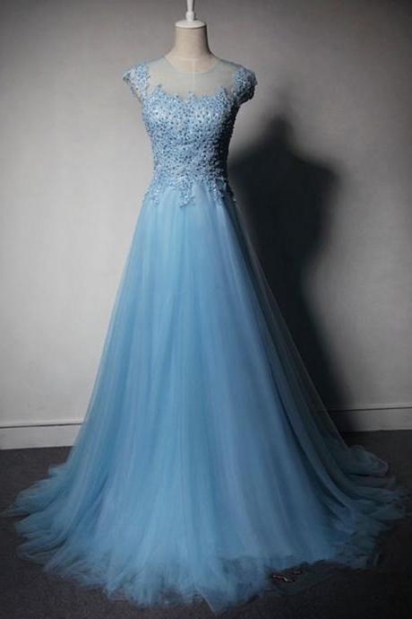 Prom Dresses,evening Dress,pretty Light Blue Tulle Long Prom Dress 2017 With Lace Applique And Beadings, Blue Prom Dresses, Prom Gowns