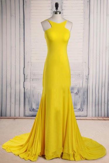 Prom Dresses,evening Dress,pretty Handmade Yellow Scoop Neck Court Train Ruffles Backless Prom Dress, Prom Dresses