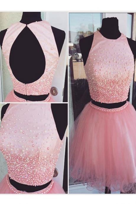 Pink Beading Tulle Short Prom Dresses,homecoming Dresses,open Back Two Pieces Homecming Dress,cocktail Dresses