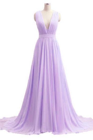 Prom Dresses,evening Dress,beautiful V-neckline Chiffon Lavender Long Prom Dress, Custom Lavender Party Dresses, Long Prom Dresses