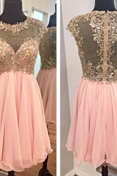 Prom Dresses,evening Dress,pink Chiffon Short Homecoming Dresses ,beaded Party Dresses, Appliques Cocktail Dresses Sexy Graduation Dresses For