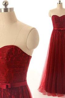 Custom Made Strapless Sweetheart Neckline Tulle Prom Dress / Evening Dress / Wedding Dress With Ribbon - Red