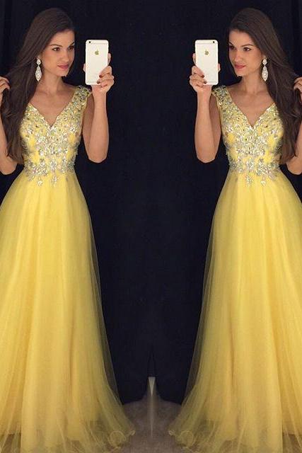 Prom Dresses,Evening Dress,New Arrival Prom Dress,Modest Prom Dress,Deep V Neck Long Yellow Prom Dresses 2017 ,Cap Sleeves Evening Gowns