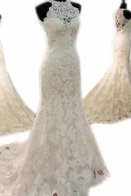 Wedding Dresses, Wedding Gown,Vintage halter long lace mermaid wedding dresses 2017 romantic bridal gown