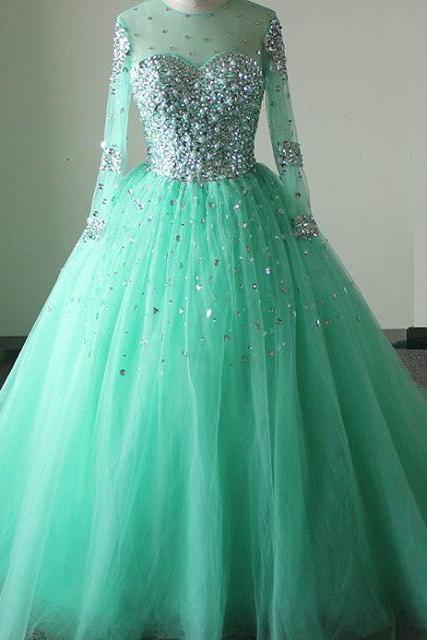 Prom Dresses,evening Dress, Prom Dress,modest Prom Dress,sparkly Mint Green Prom Dresses,long Sleeves Prom Dress,ball Gown Quinceanera Dress