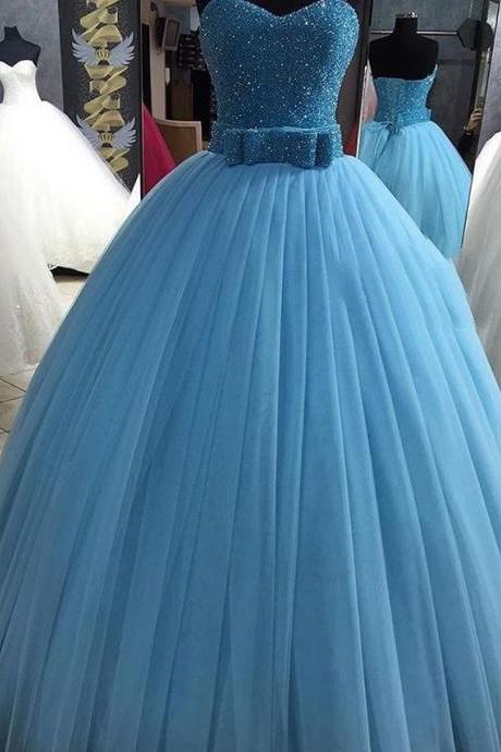 Prom Dresses,evening Dress, Prom Dress,modest Prom Dress,sparkly Sequin Beaded Sweetheart Bow Sashes Tulle Ball Gown Quinceanera Dresses