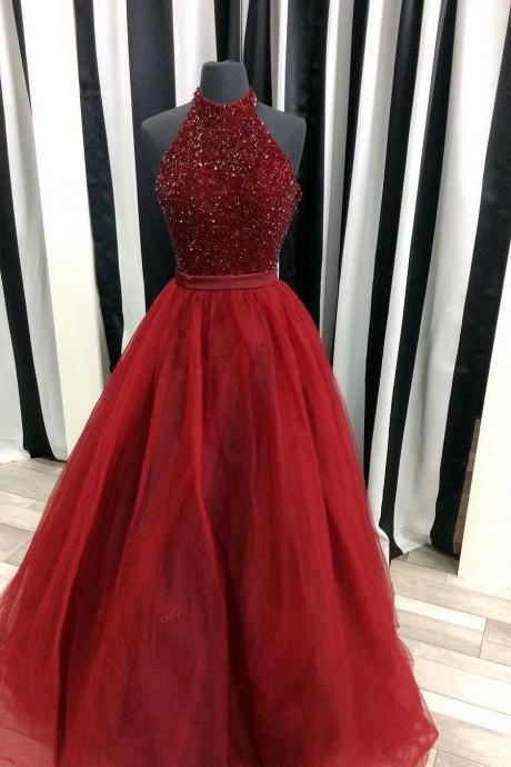 Prom Dresses,evening Dress, Prom Dress,modest Prom Dress,sparkly Beaded Halter Long Organza Ball Gowns Prom Dress 2017 Burgundy Evening Gowns