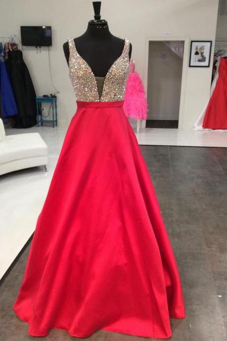 Prom Dresses,Evening Dress,New Arrival Prom Dress,Modest Prom Dress,red satin long prom dresses sparkly beaded v neck evening gowns 2017