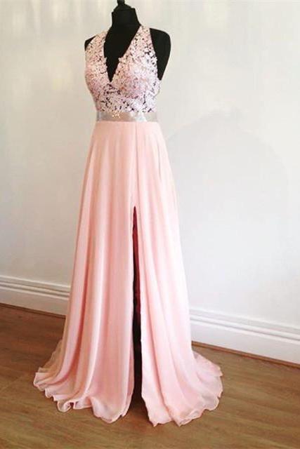 Prom Dresses,evening Dress, Prom Dress,modest Prom Dress,elegant Lace Halter Pink Chiffon Prom Dresses With Slit 2017 Design