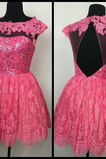 Prom Dresses,homecoming Dresses,pink Lace Homecoming Dresses Cap Sleeves Open Back Prom Dresses Short 2017 Homecoming Dress