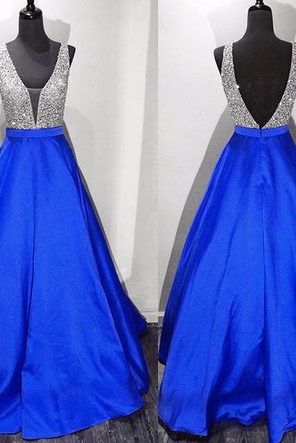 Prom Dresses,Evening Dress,New Arrival Prom Dress,Modest Prom Dress,long satin v neck royal blue prom dresses ball gowns 2017