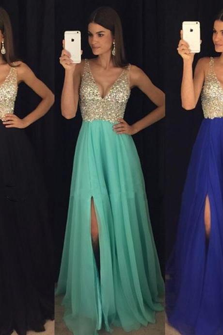 Prom Dresses,Evening Dress,New Arrival Prom Dress,Modest Prom Dress,sparkly crystal beaded v neck open back long chiffon prom dresses 2017 pageant evening gowns with leg slit