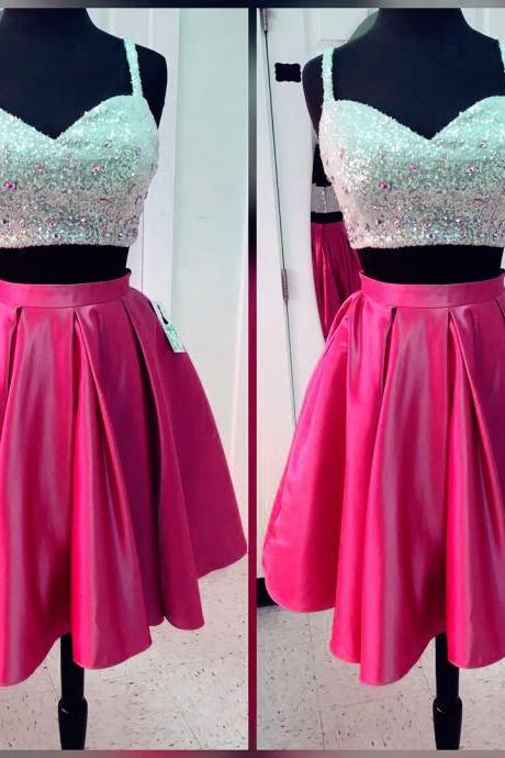 Homecoming Dresses,women's Party Dresses,short Satin Two Piece Homecoming Dresses With Sequin Top,sparkly Prom