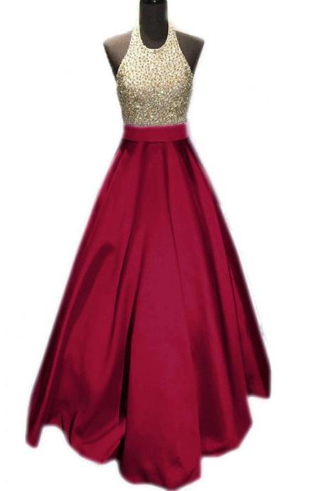 Prom Dresses,Evening Dress,New Arrival Prom Dress,Modest Prom Dress,beaded halter long satin burgundy prom dresses ball gowns 2017 real sample evening gowns