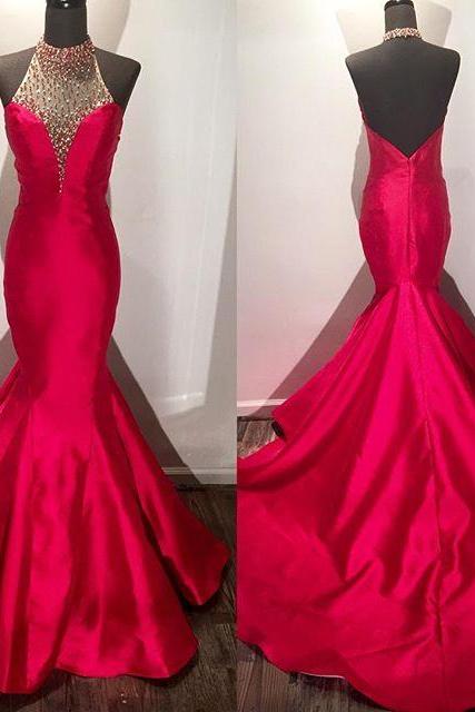 Prom Dresses,evening Dress, Prom Dress,modest Prom Dress,beaded Halter Long Satin Fuchsia Mermaid Evening Dress,long Prom Dresses 2017 With Open