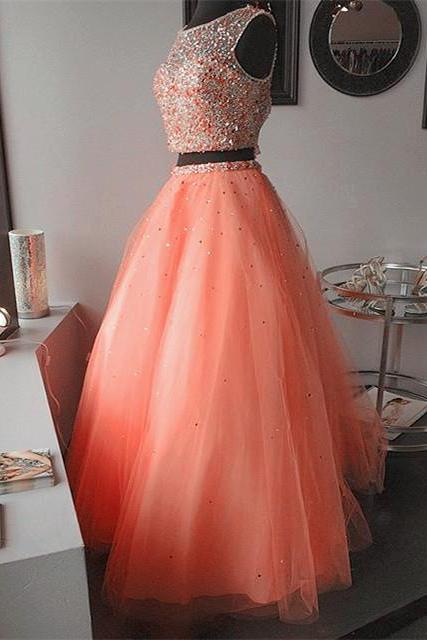 Prom Dresses,Evening Dress,New Arrival Prom Dress,Modest Prom Dress,coral pink two piece ball gowns quinceanera dresses with crystal beaded and sequins