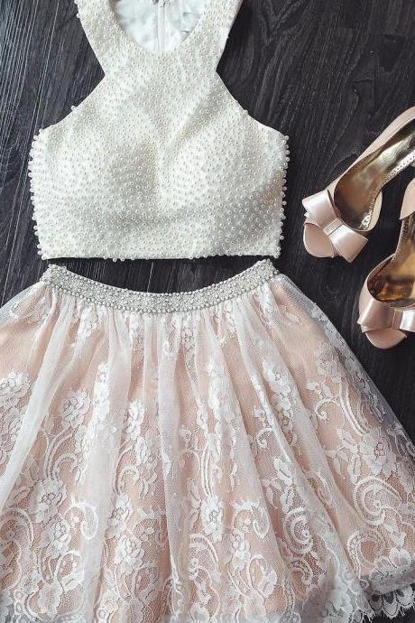 Prom Dresses,evening Dress,chic Pearl Beaded Lace Dresses,white Homecoming Dresses,two Piece Prom Gowns,short Prom Dress