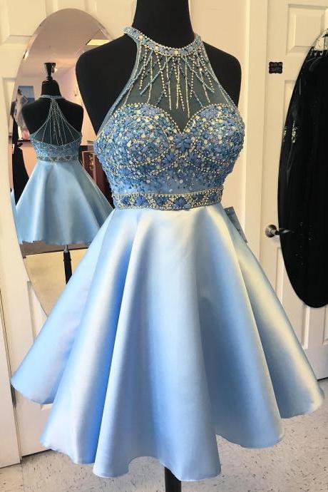 Prom Dresses,evening Dress,homecoming Dresses,chic Crystal Beaded Halter Open Back Satin Homecoming Dresses 2017