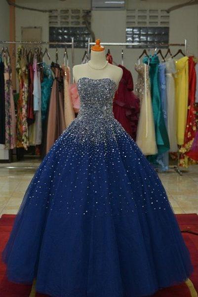 Prom Dresses,evening Dress, Prom Dress,modest Prom Dress,sparkly Beaded Sweetheart Navy Blue Ball Gowns Prom Dresses 2017