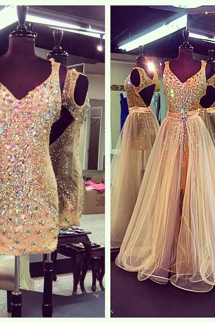 Prom Dresses,Evening Dress,New Arrival Prom Dress,Modest Prom Dress,Crystal Beaded V Neck Champagne Prom Dresses With Detachable Skirts