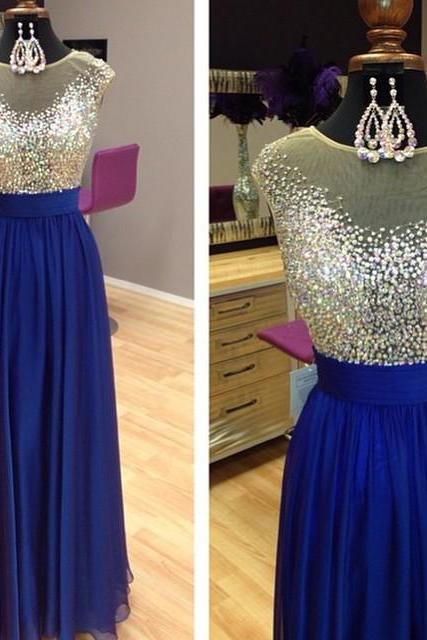 Prom Dresses,Evening Dress,New Arrival Prom Dress,Modest Prom Dress,Sparkly Beading Scoop Neckline Long Royal Blue Prom Dress 2017 Cap Sleeves Evening Gowns