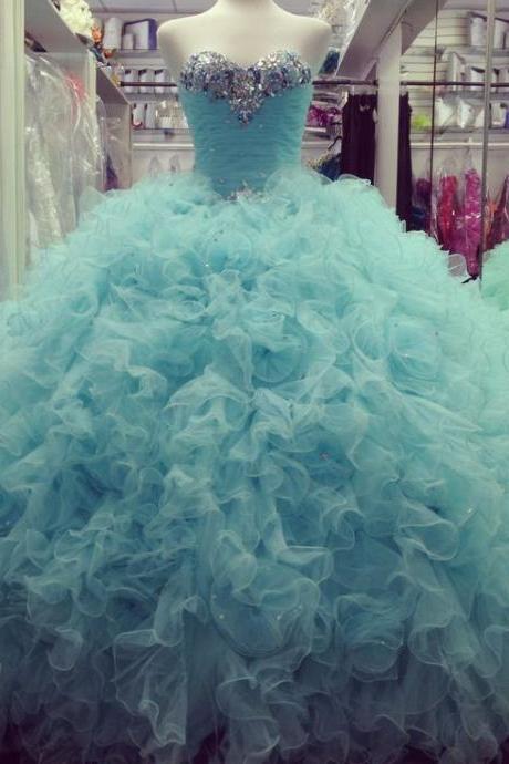 Prom Dresses,evening Dress, Prom Dress,modest Prom Dress,gorgeous Beaded Sweetheart Organza Ruffles Ice Blue Quinceanera Dresses Ball Gowns 2017