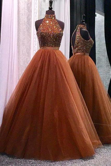 Prom Dresses,evening Dress, Prom Dress,modest Prom Dress,high Neck Open Back Coffee Tulle Ball Gowns Prom Dresses Crystal Beaded 2017 Glitter