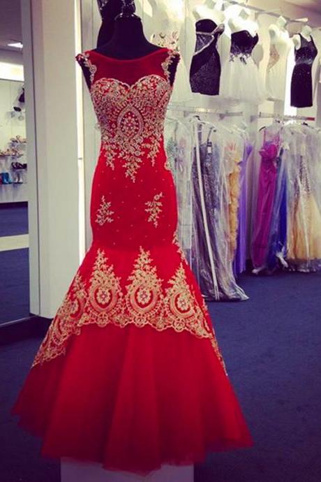Prom Dresses,Evening Dress,New Arrival Prom Dress,Modest Prom Dress,Red Mermaid Evening Dresses Gold Lace Appliques Cap Sleeves Prom Gowns