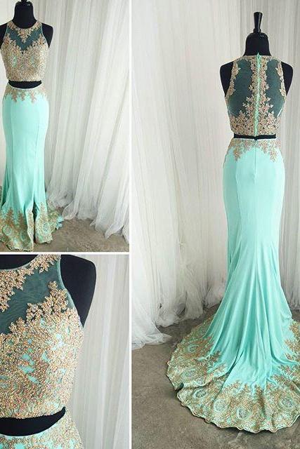 Prom Dresses,evening Dress,mint Prom Dresses Gold Lace Appliques Mermaid Formal Evening Gowns Elegant Two Piece Prom Dresses