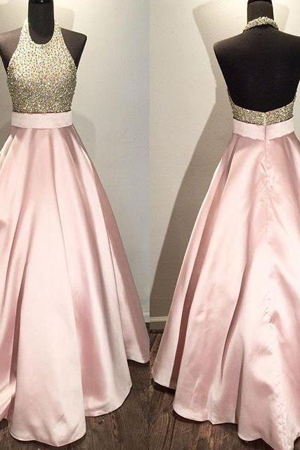Prom Dresses,evening Dress,pink Prom Dresses,halter Prom Dress Open Back,beaded Ball Gowns,women's Formal Evening Gown Dresses